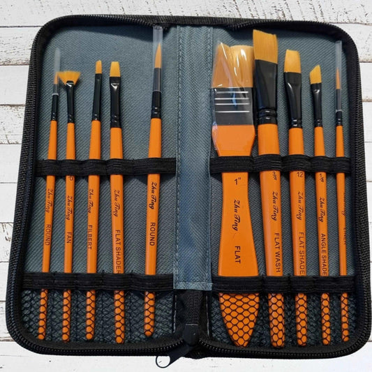 10 Piece Artist paint Brush Kit in canvas bag