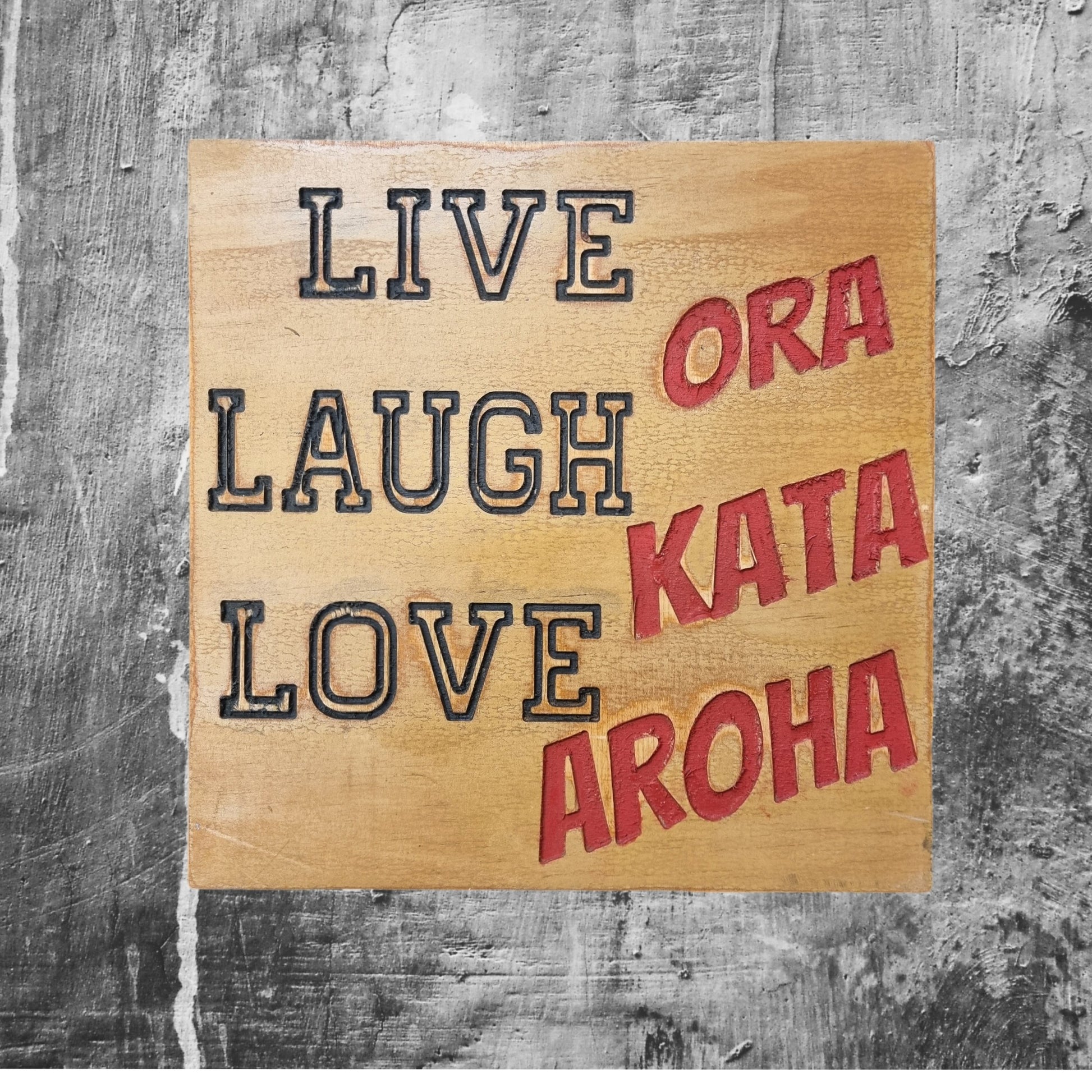 Carved Plywood sign "Live Laugh Love in Eng & Maori 300x300mm-Vintique Concepts