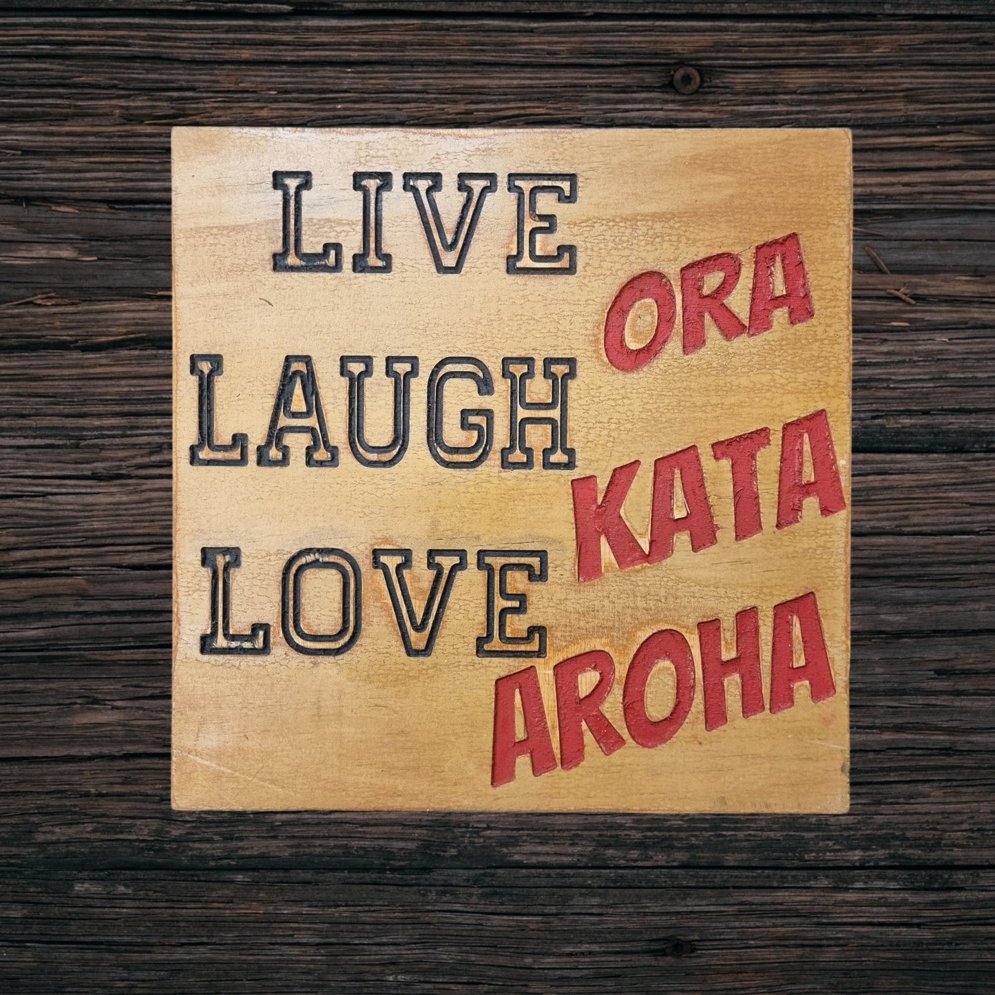 Carved Plywood sign "Live Laugh Love in Eng & Maori 300x300mm-Vintique Concepts