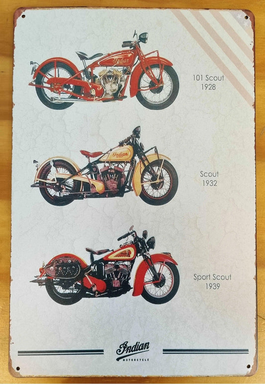 3 Indian  Scout Motorcycle-1928 1932 1939....Tin Sign-Vintage Motorbikes 30cm x 20cm