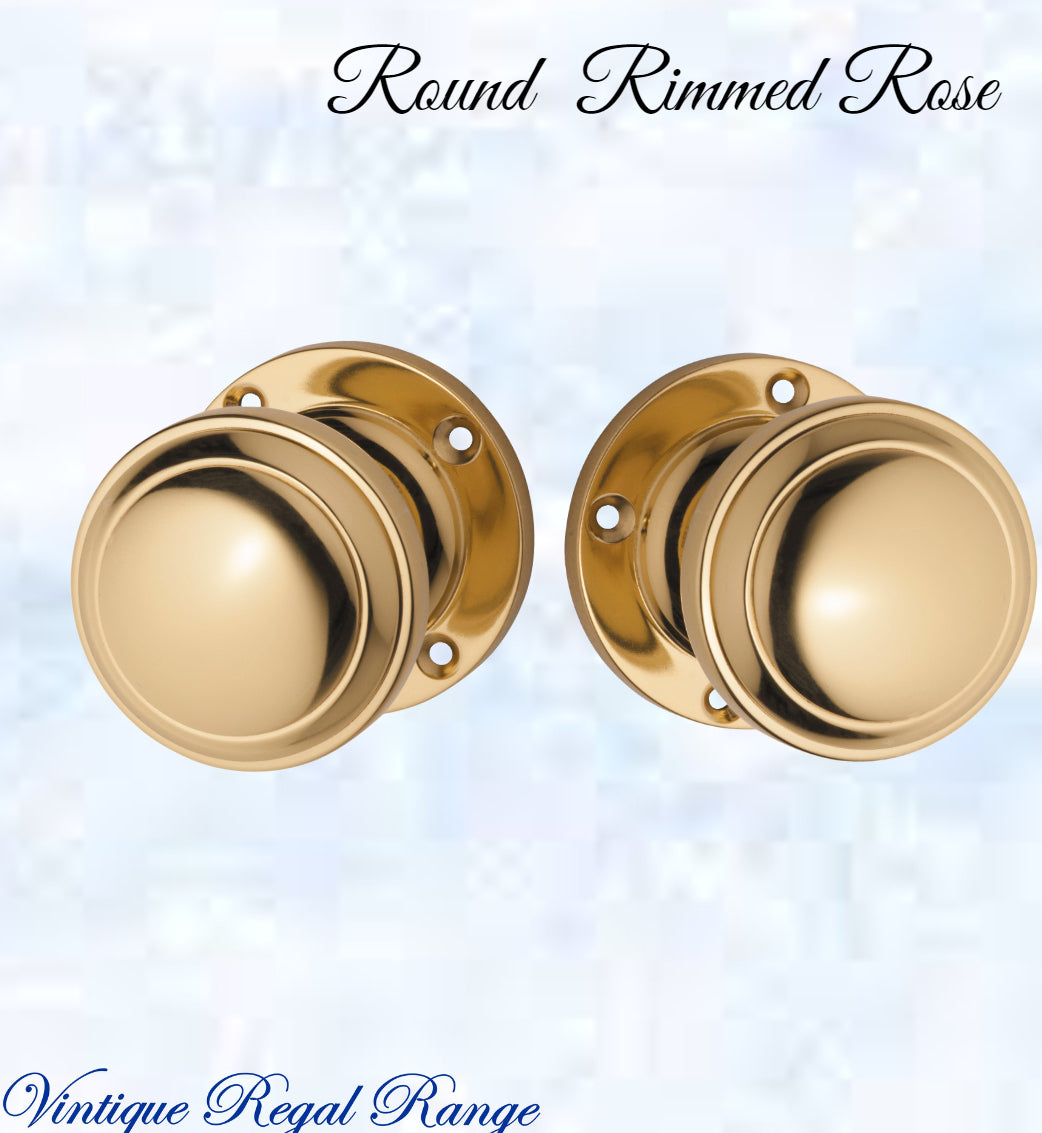 Polished Brass Round Rimmed Rose Door Knob 54mm dia-Vintique Concepts