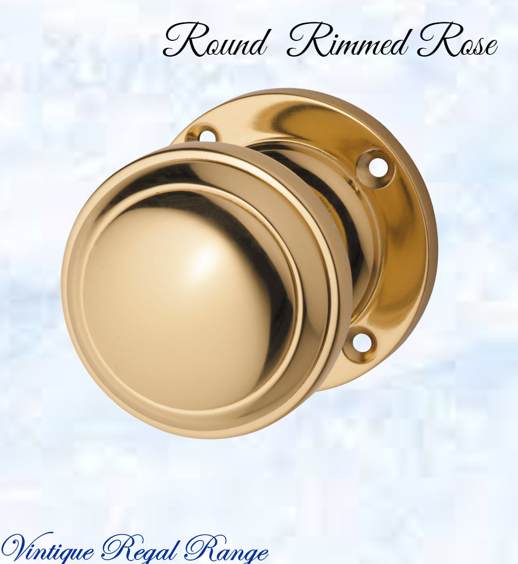 Polished Brass Round Rimmed Rose Door Knob 54mm dia-Vintique Concepts