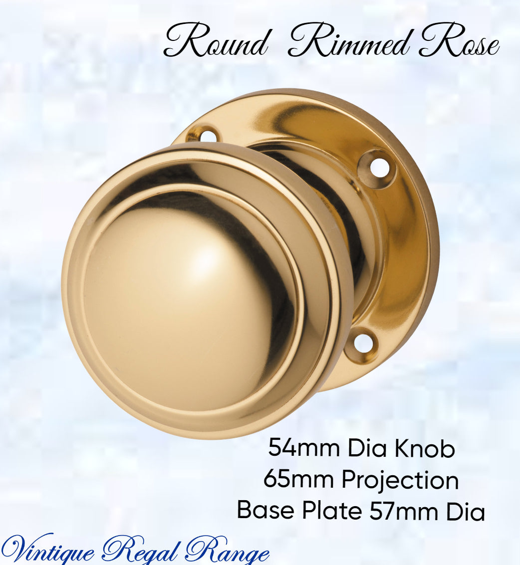 Polished Brass Round Rimmed Rose Door Knob 54mm dia-Vintique Concepts