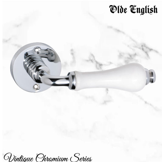 Chrome plated Brass Olde English with White Porcelain lever door handle-Vintique Concepts