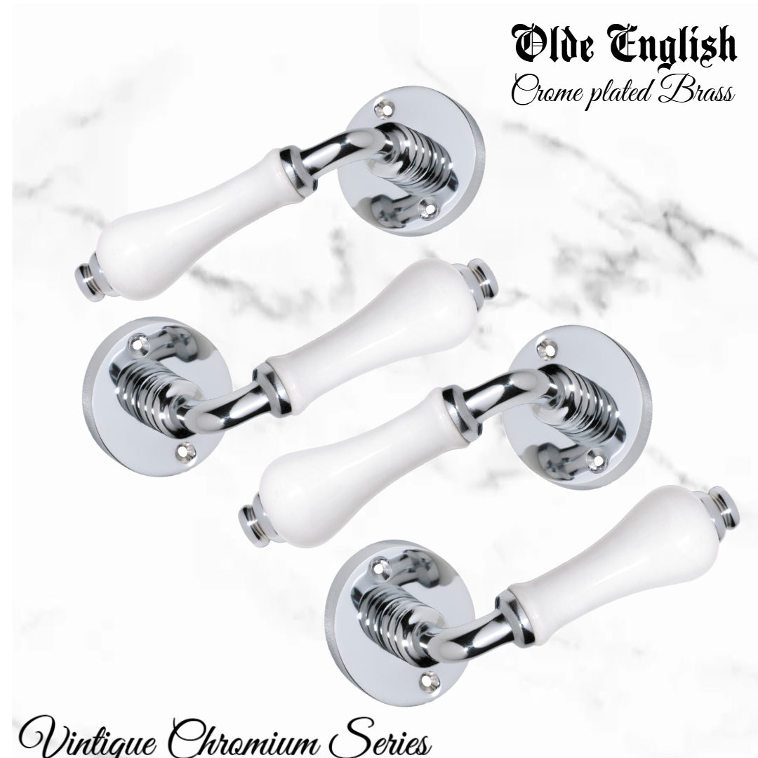 Chrome plated Brass Olde English with White Porcelain lever door handle-Vintique Concepts