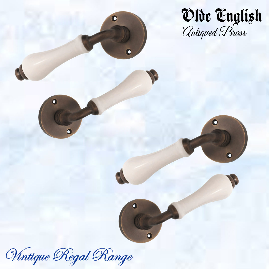 Antiqued Brass Olde English with Ivory Porcelain lever door handle-Vintique Concepts