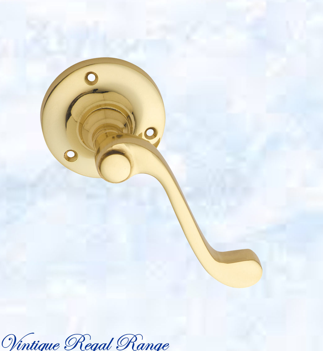 Polished Brass Round Rose base/ Wave lever door handle 68mm dia-Vintique Concepts