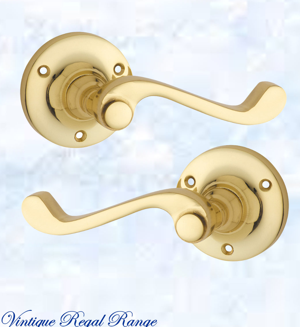 Polished Brass Round Rose base/ Wave lever door handle 68mm dia-Vintique Concepts