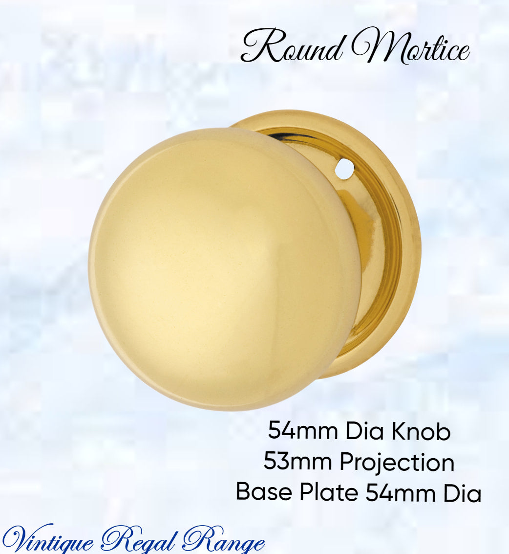 Polished Brass Round Mortice Door Knob 54mm dia-Vintique Concepts