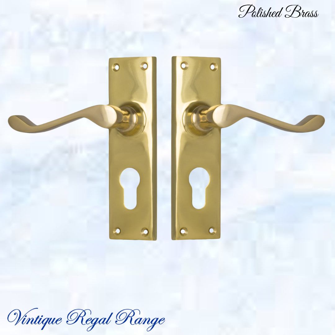 Polished Brass Queens longplate lever door handle 152x 42mm (4 types)-Vintique Concepts