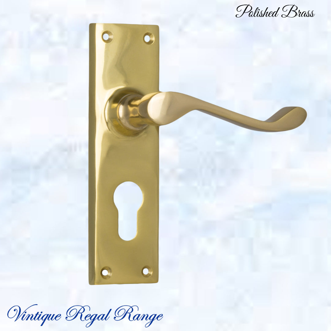 Polished Brass Queens longplate lever door handle 152x 42mm (4 types)-Vintique Concepts