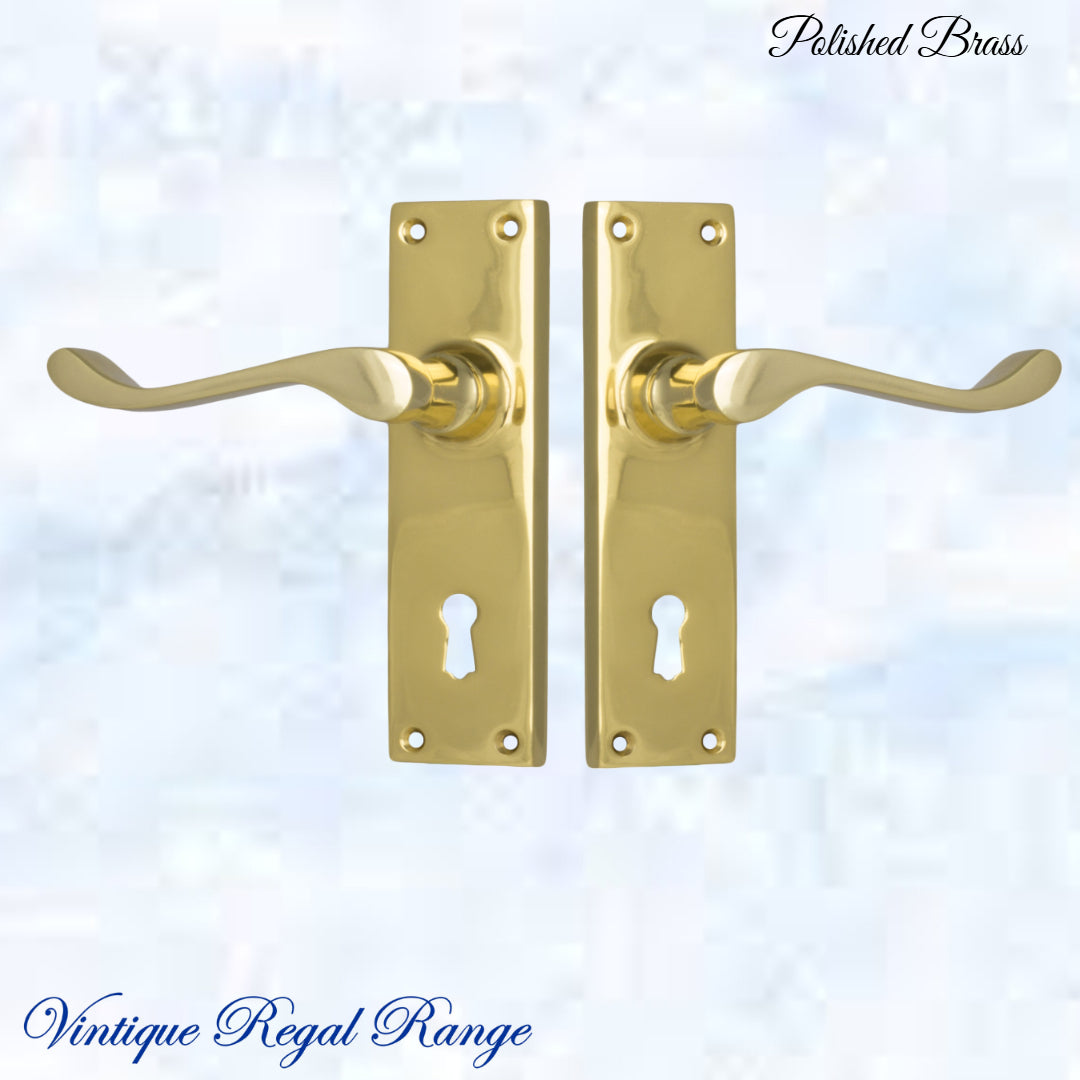 Polished Brass Queens longplate lever door handle 152x 42mm (4 types)-Vintique Concepts