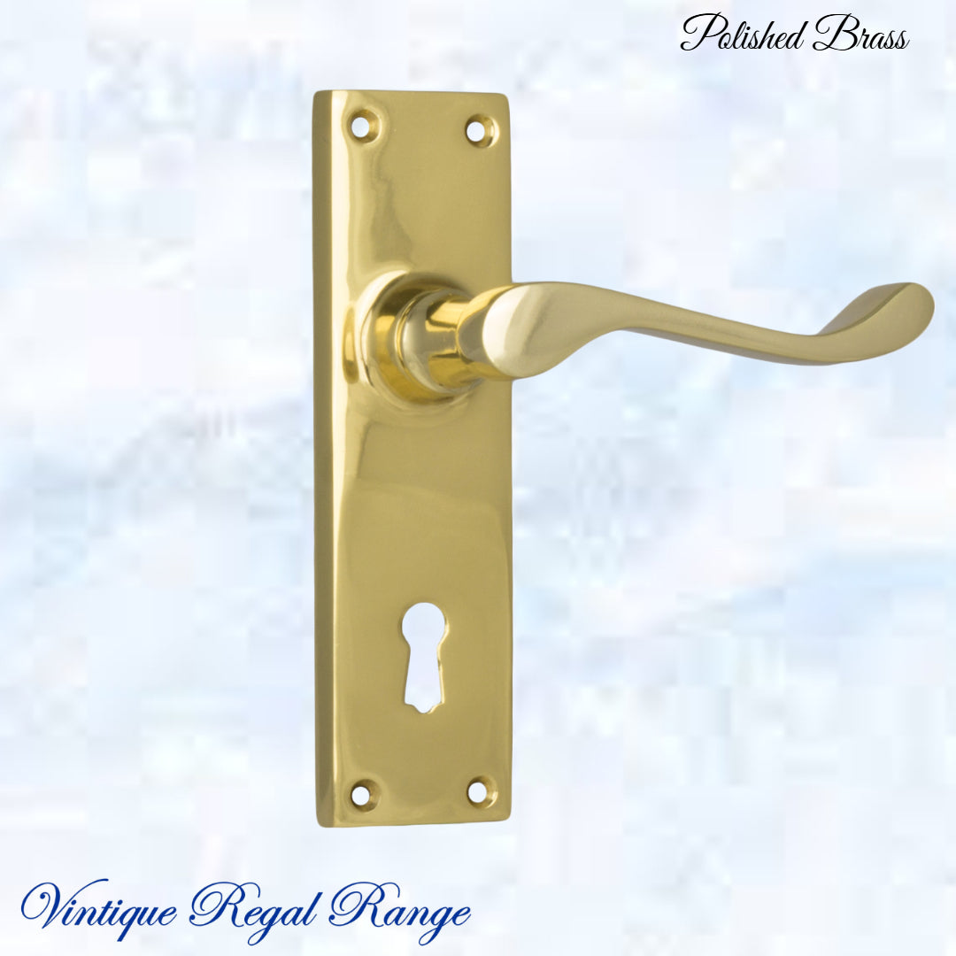 Polished Brass Queens longplate lever door handle 152x 42mm (4 types)-Vintique Concepts