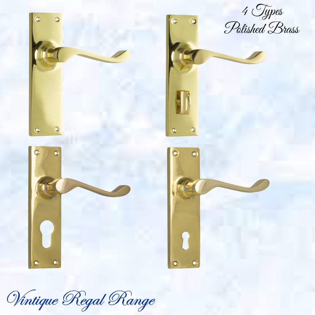 Polished Brass Queens longplate lever door handle 152x 42mm (4 types)-Vintique Concepts