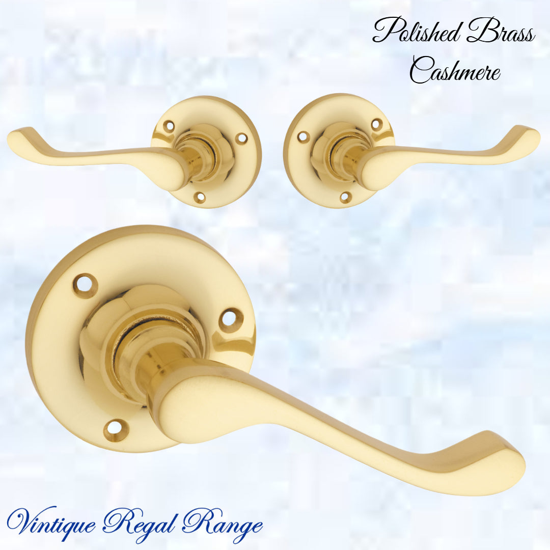 Cashmere Polished Brass Round Rose/ Wave lever door handle 63mm dia-Vintique Concepts