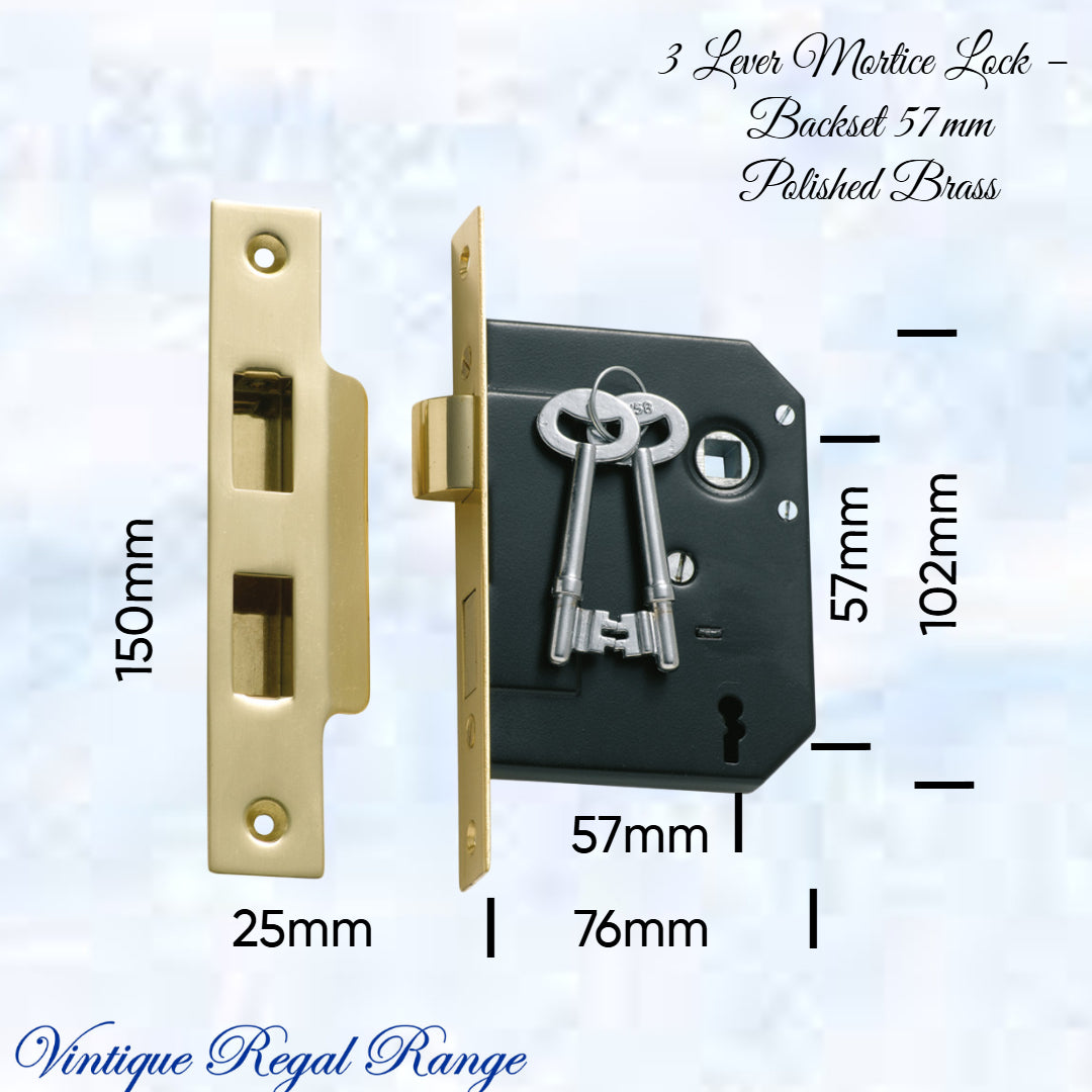 3 Lever Mortice Lock – (Backset 57mm ) Various finishes-Vintique Concepts