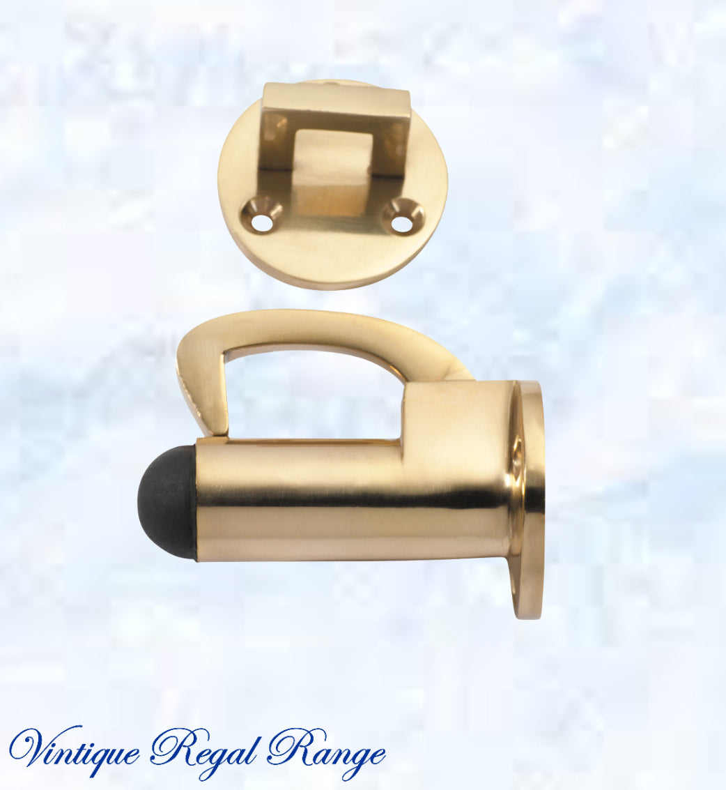 Polished Brass Hook & secure rubber door stop -70mm long