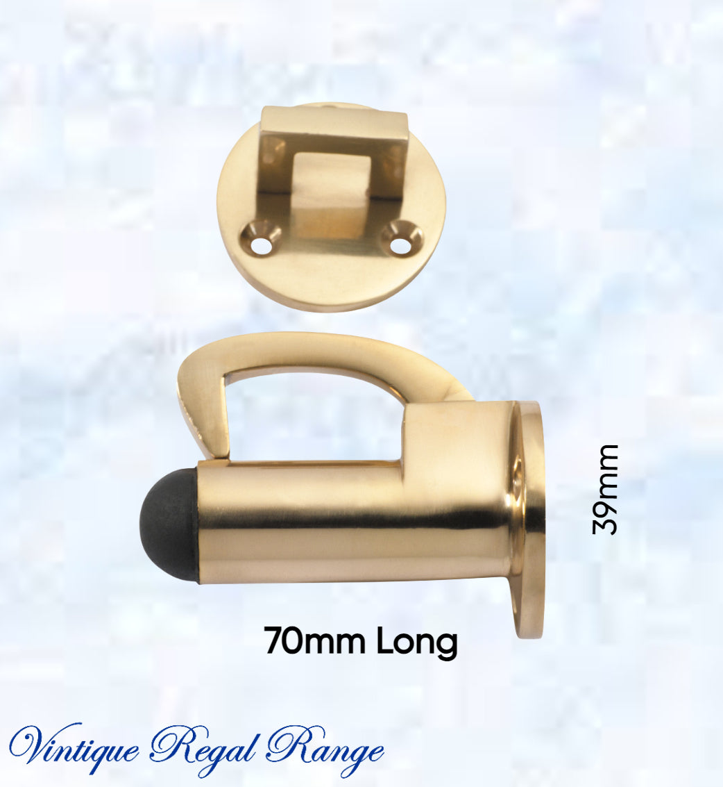 Polished Brass Hook & secure rubber door stop -70mm long