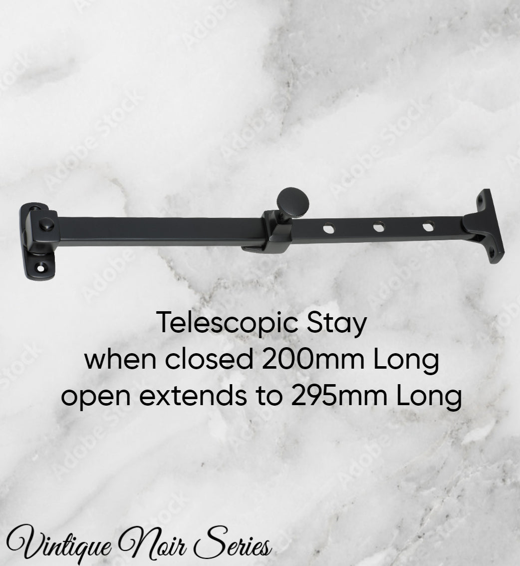 Matt Black Brass Telescopic window stay 200mm-295mm Pin Type-Vintique Concepts