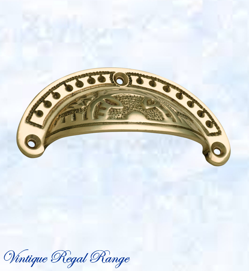 Regal Polished Brass Victoria's Ornate teardrop Cup Drawer pull 100mm Long-Vintique Concepts