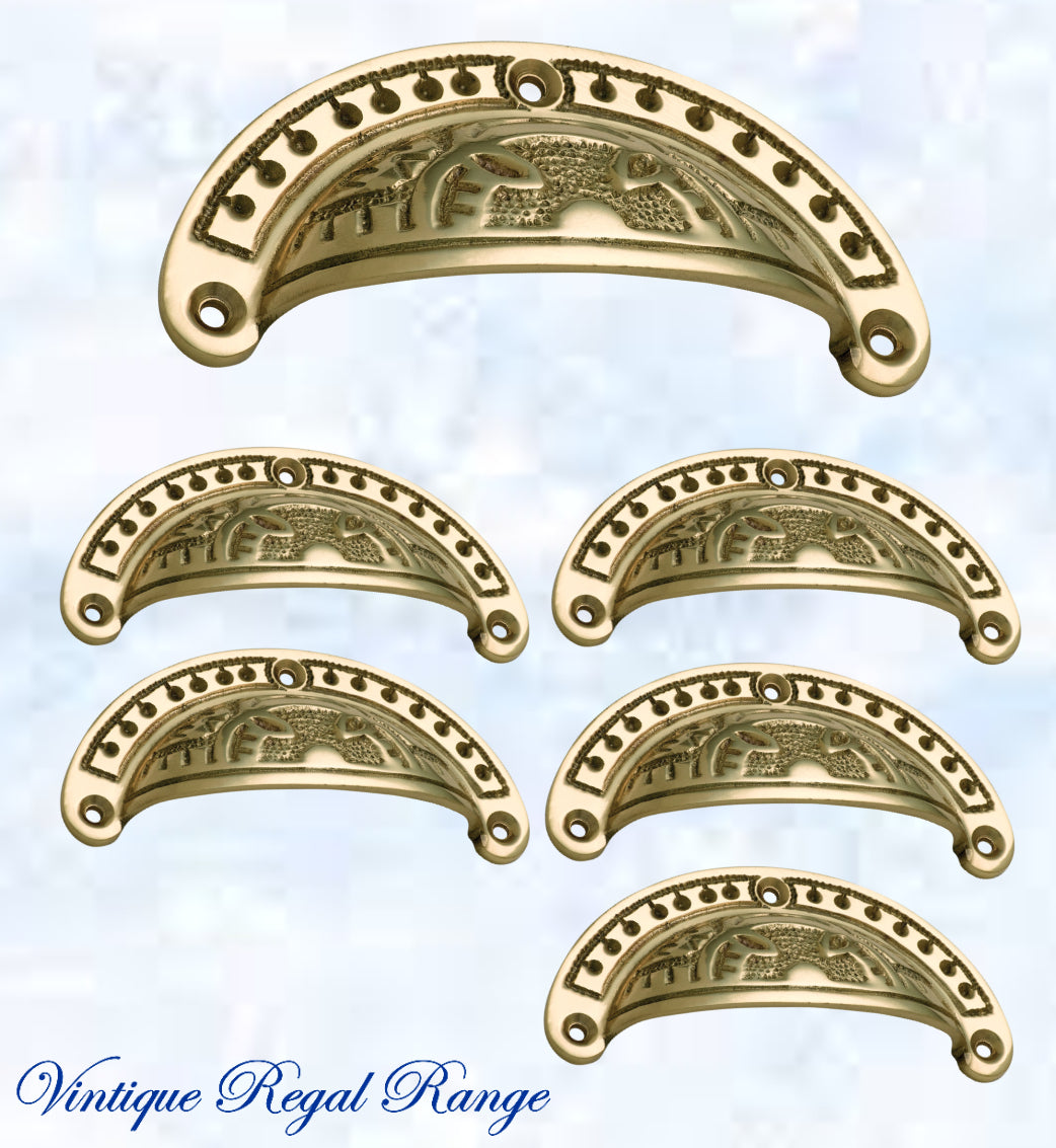 Regal Polished Brass Victoria's Ornate teardrop Cup Drawer pull 100mm Long-Vintique Concepts