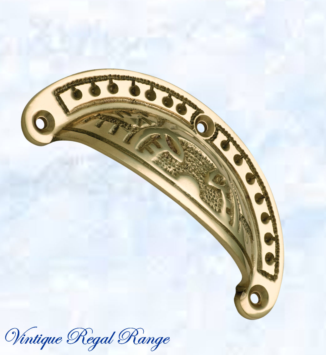 Regal Polished Brass Victoria's Ornate teardrop Cup Drawer pull 100mm Long-Vintique Concepts