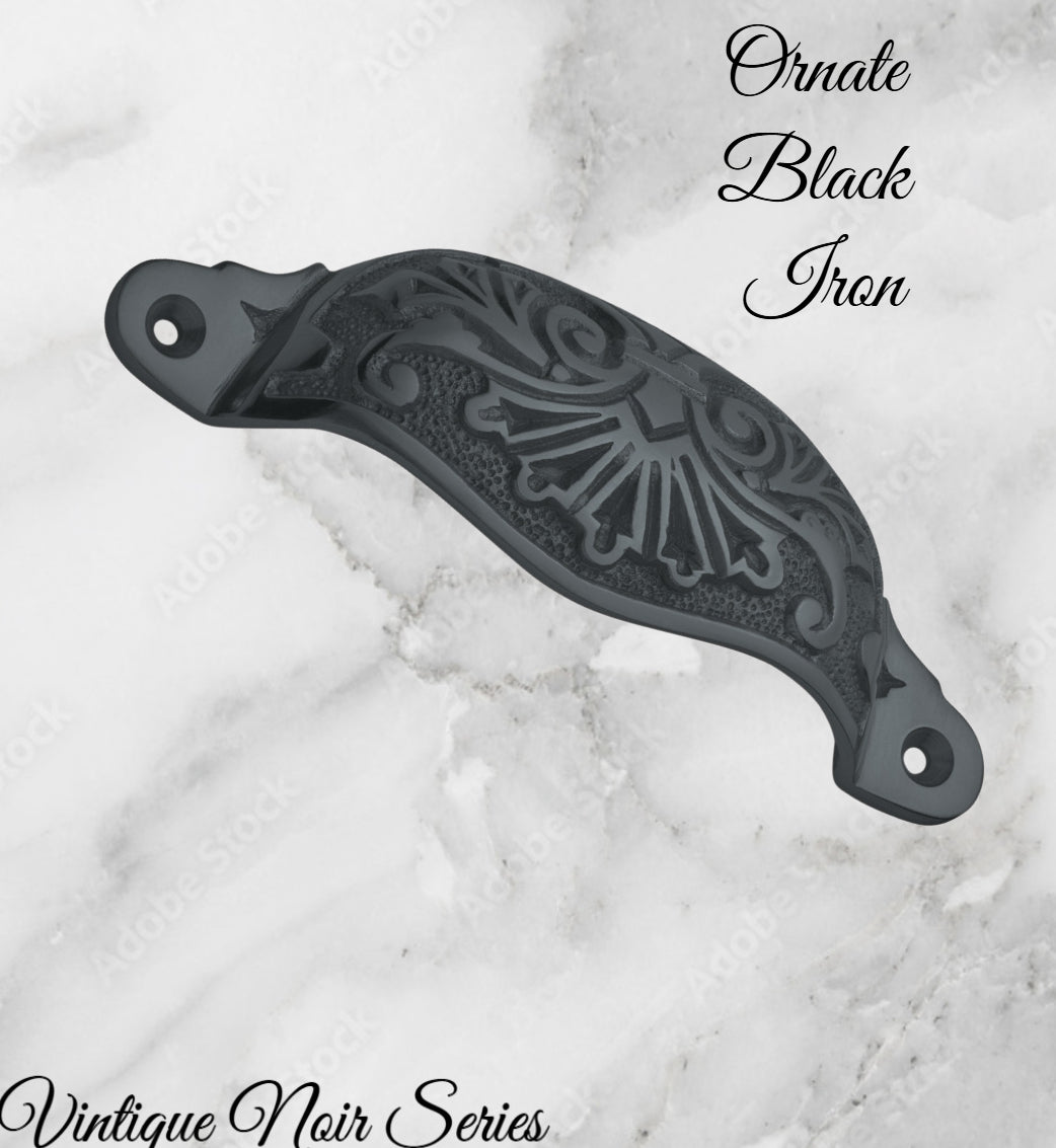 Rustic Black Iron Victoria's Ornate Cup Drawer pull 110mm Long-Vintique Concepts