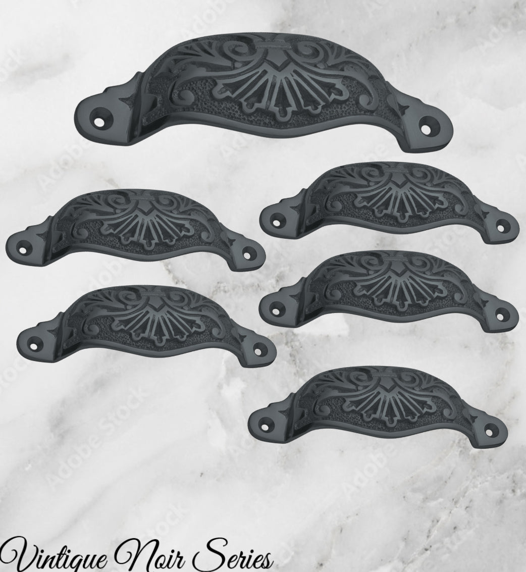 Rustic Black Iron Victoria's Ornate Cup Drawer pull 110mm Long-Vintique Concepts