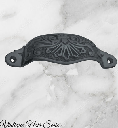 Rustic Black Iron Victoria's Ornate Cup Drawer pull 110mm Long-Vintique Concepts