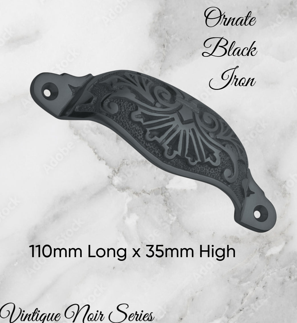 Rustic Black Iron Victoria's Ornate Cup Drawer pull 110mm Long-Vintique Concepts