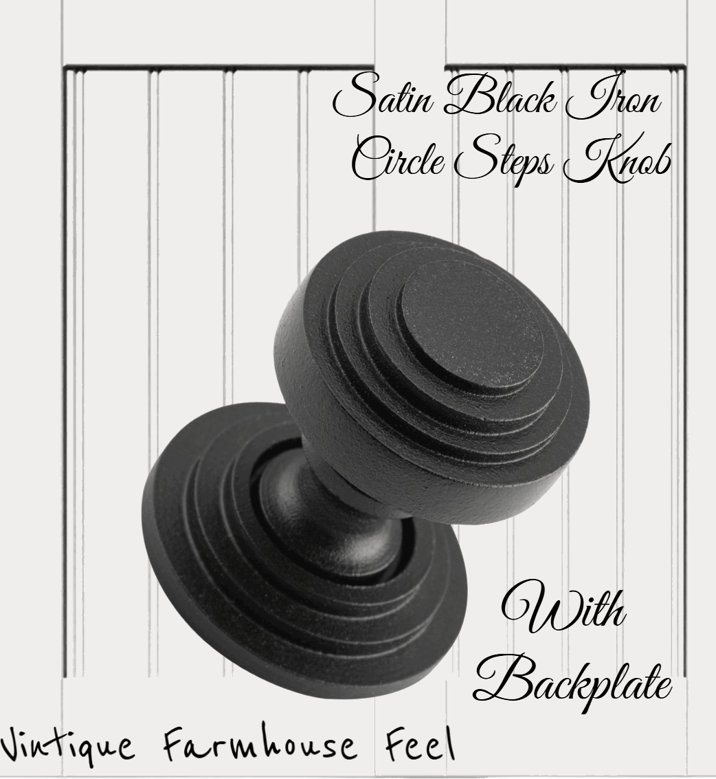 Farmhouse Satin Black Iron Circle Steps Knob with backplate-Vintique Concepts