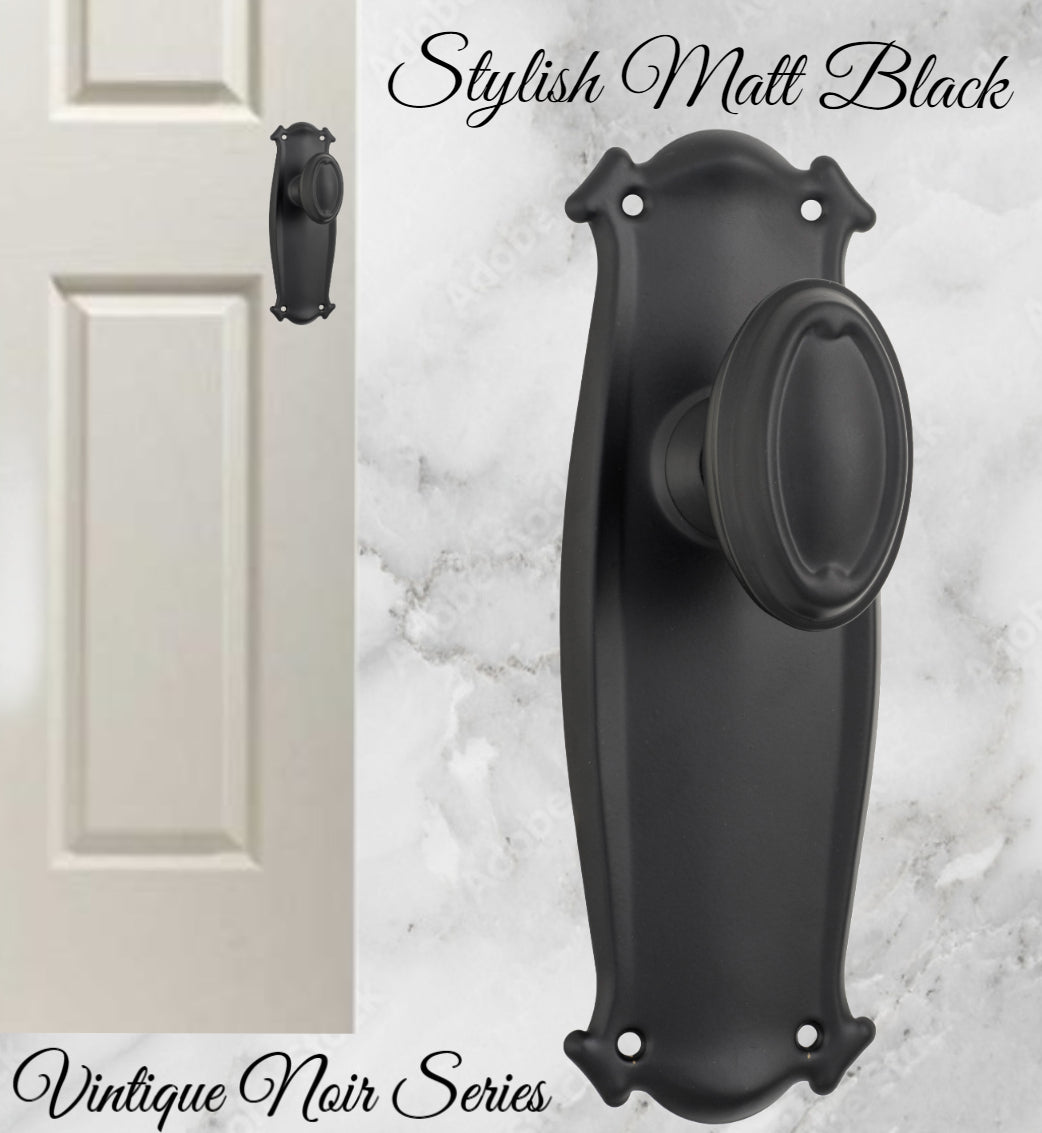 Matt Black Brass Chateau Door knob W/backplate 197 x 68mm-Vintique Concepts