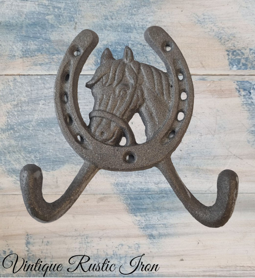 Cast Iron Hook - Cast Iron Horse & Horseshoe Double Prong Coathook