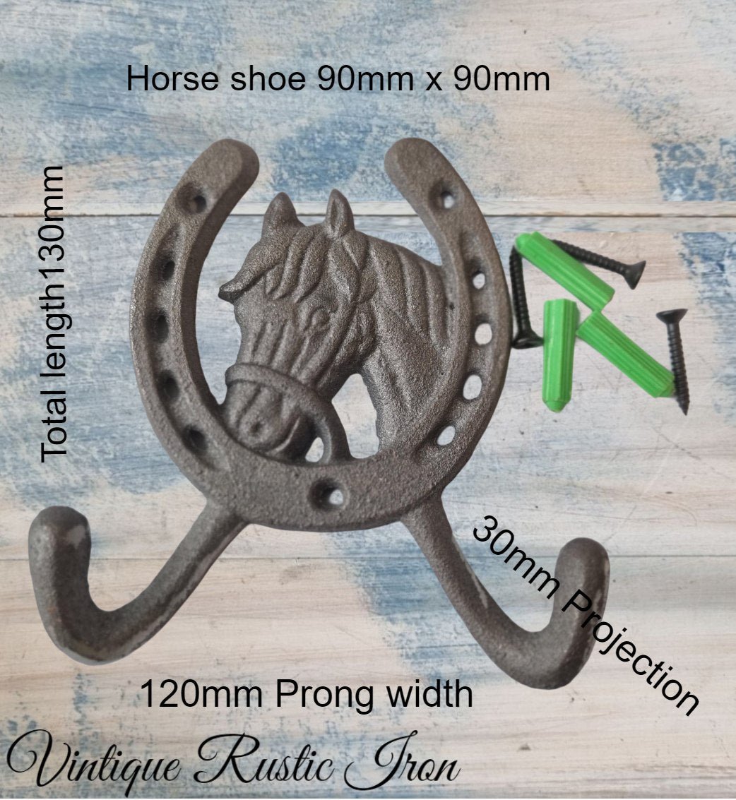 Cast Iron Hook - Cast Iron Horse & Horseshoe Double Prong Coathook