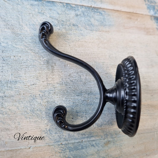 Albert's Black Ornate 2 Prong Robe Hook 65 x 50mm-Vintique Concepts