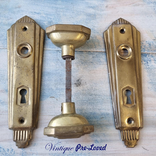 antique art Deco gold door handle knobs (2) and back plates - Vintique Concepts