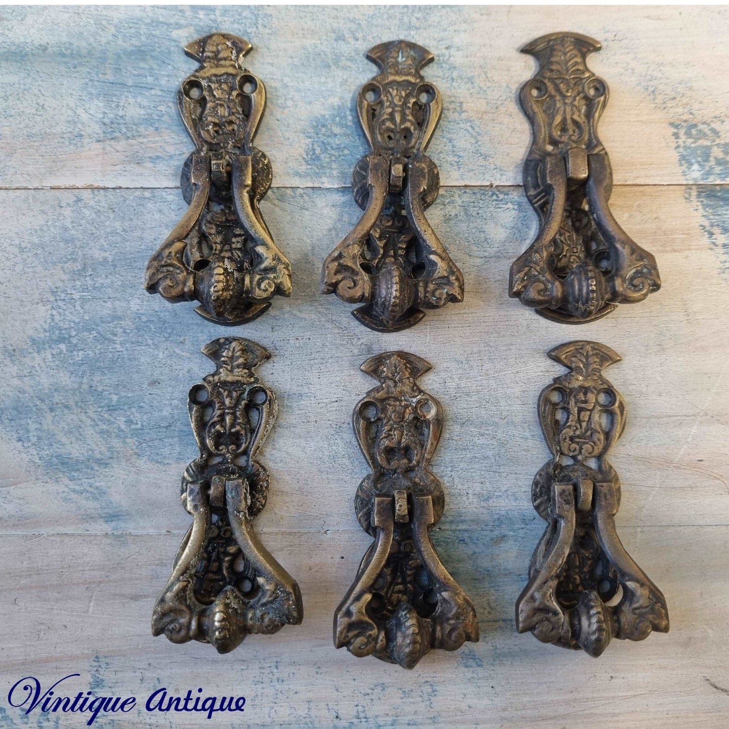 Antique Brass/Wood pull drawer handle 144mm long (set of 5) recycled-Vintique Concepts