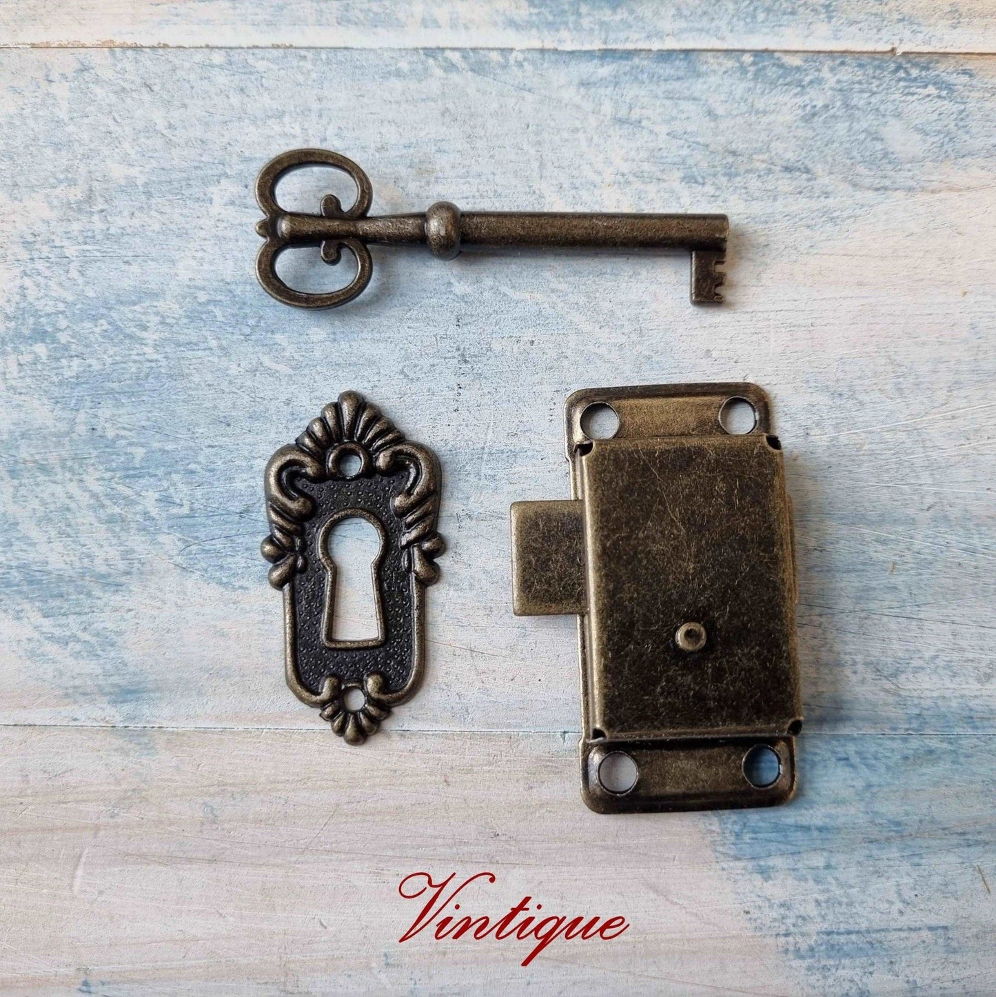 Antique look Bronze latch , Key and Escutcheon-Vintique Concepts