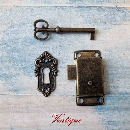 Antique look Bronze latch , Key and Escutcheon - Vintique Concepts