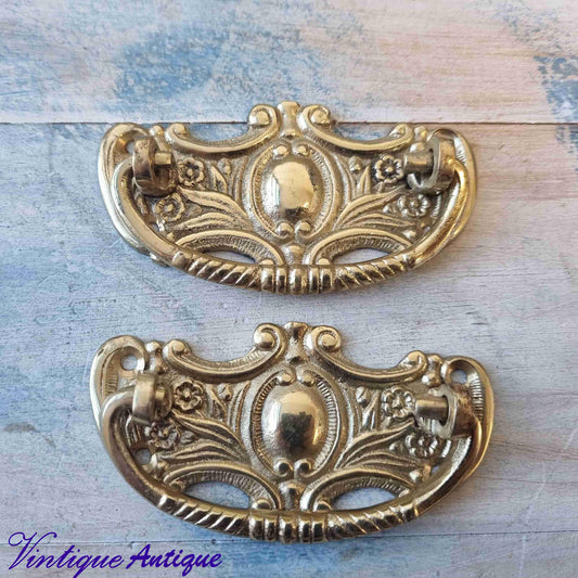 antique solid brass Drawer swing handles (pair)86mm long - Vintique Concepts
