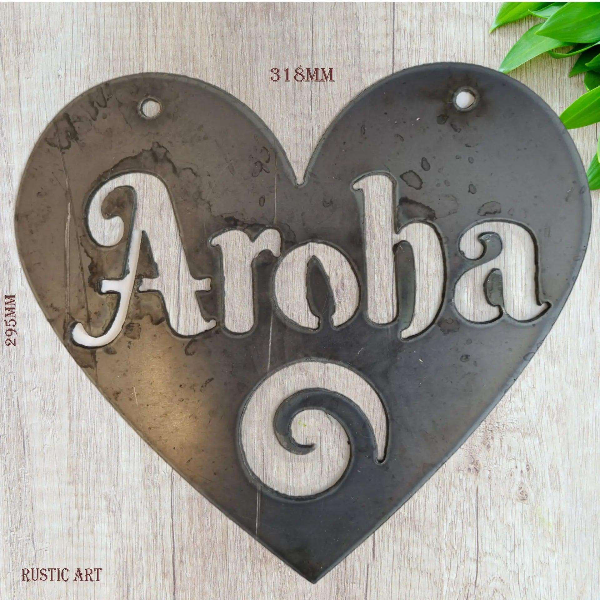 AROHA Maori for Love Heart -Corten Rusty metal  art 318mm x 295mm-Vintique Concepts