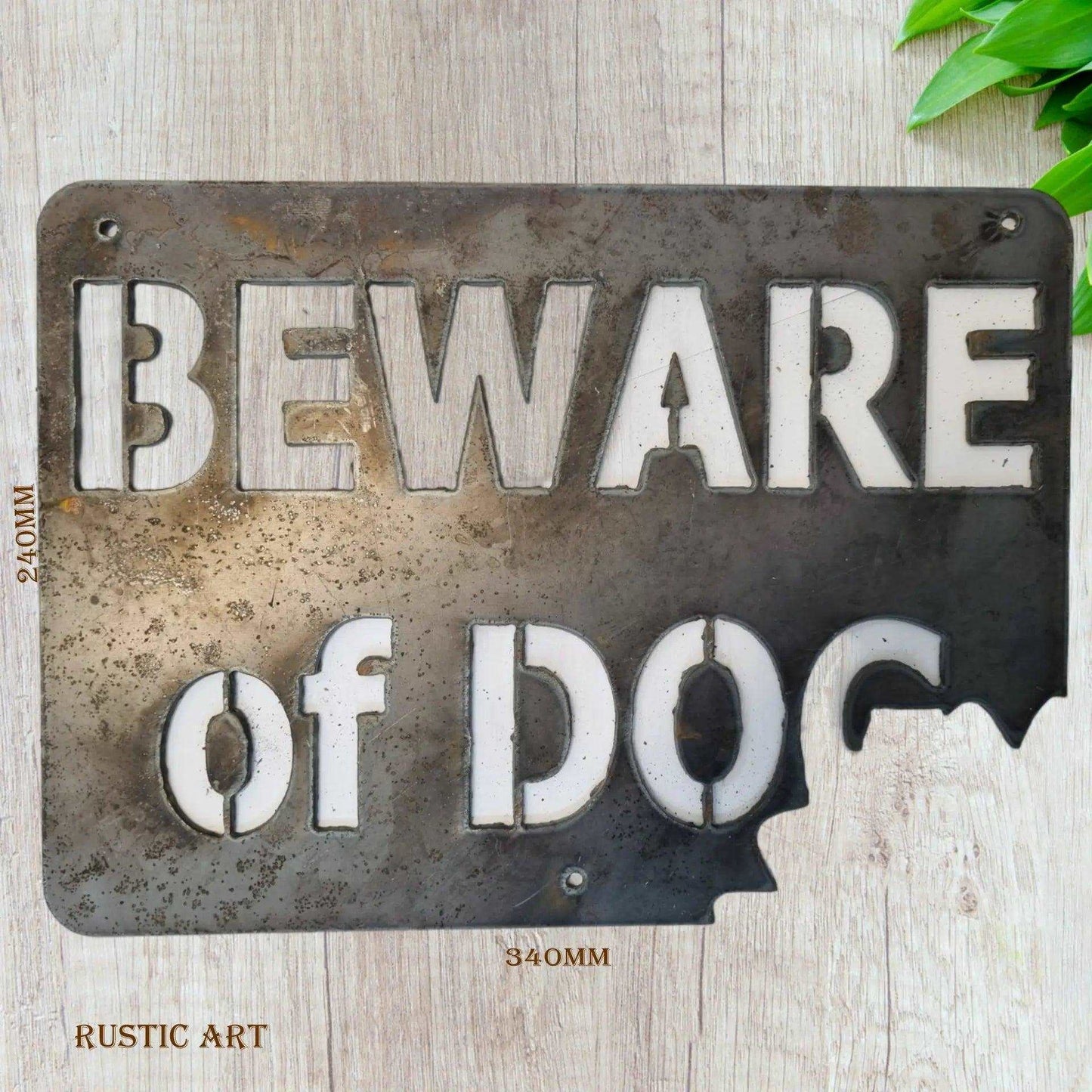 BEWARE OF DOG-With BITEMARK -Corten Rusty metal  art 340mm x 240mm-Vintique Concepts