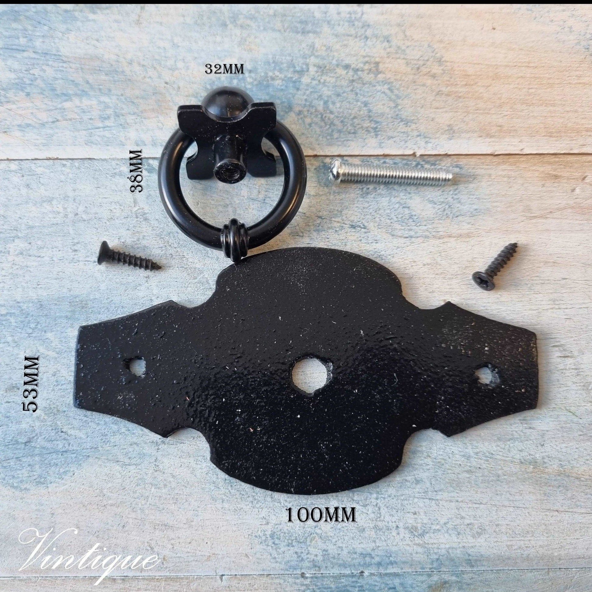 Black Barn Ring Pull with Rustic Backplate for cabinets & drawers-Vintique Concepts