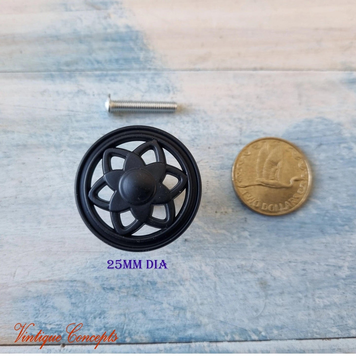 Black Hardened acrylic Flower 35mm cabinet or drawer Knob-Vintique Concepts