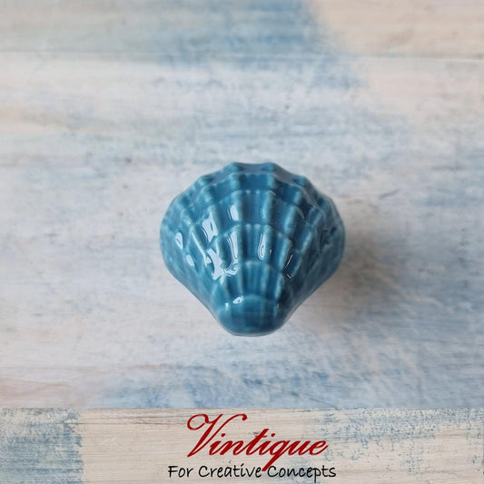 BLUE SCALLOP SHELL Ceramic Cabinet Drawer Knob 35mm x 33mm - Vintique Concepts