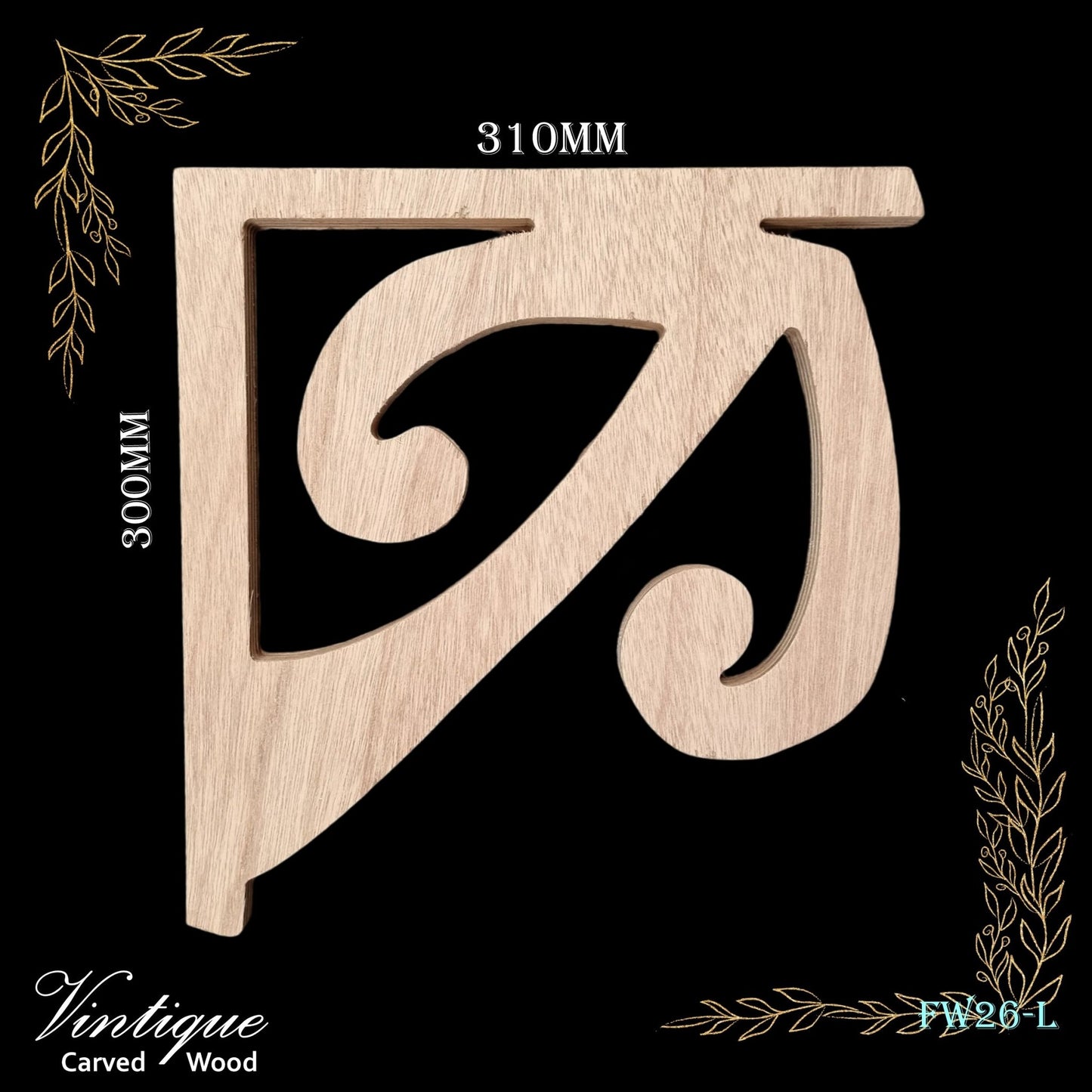 Carved wooden Lace Fretwork Corner -KORU Large (FW26-L) 310 x 300mm-Vintique Concepts