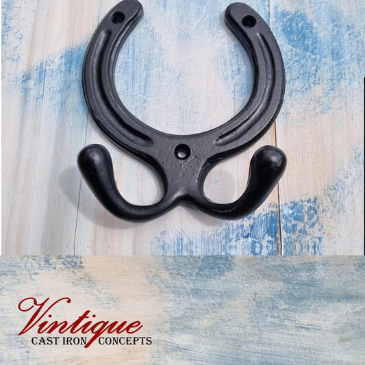 Cast Iron Horseshoe Double Prong coathook 100mm - Vintique Concepts