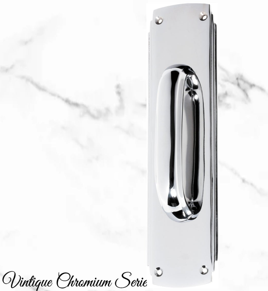 Chrome Art Deco Pull handle w/backplate 240x60mm-Vintique Concepts