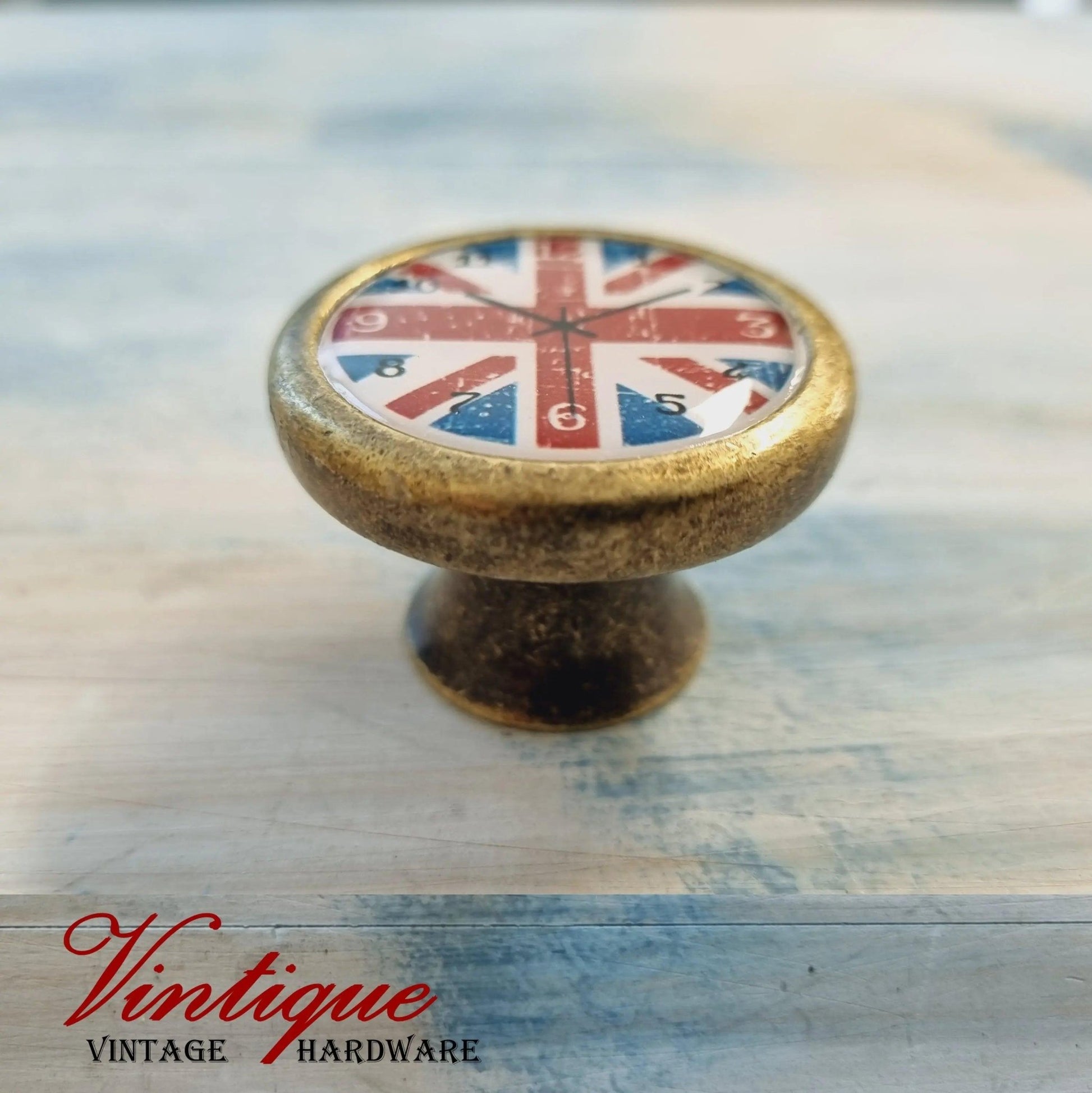 CLEARENCE PRICE-Vintage Union Jack Clock Furniture Glass/Alloy Knob 35mm-Vintique Concepts