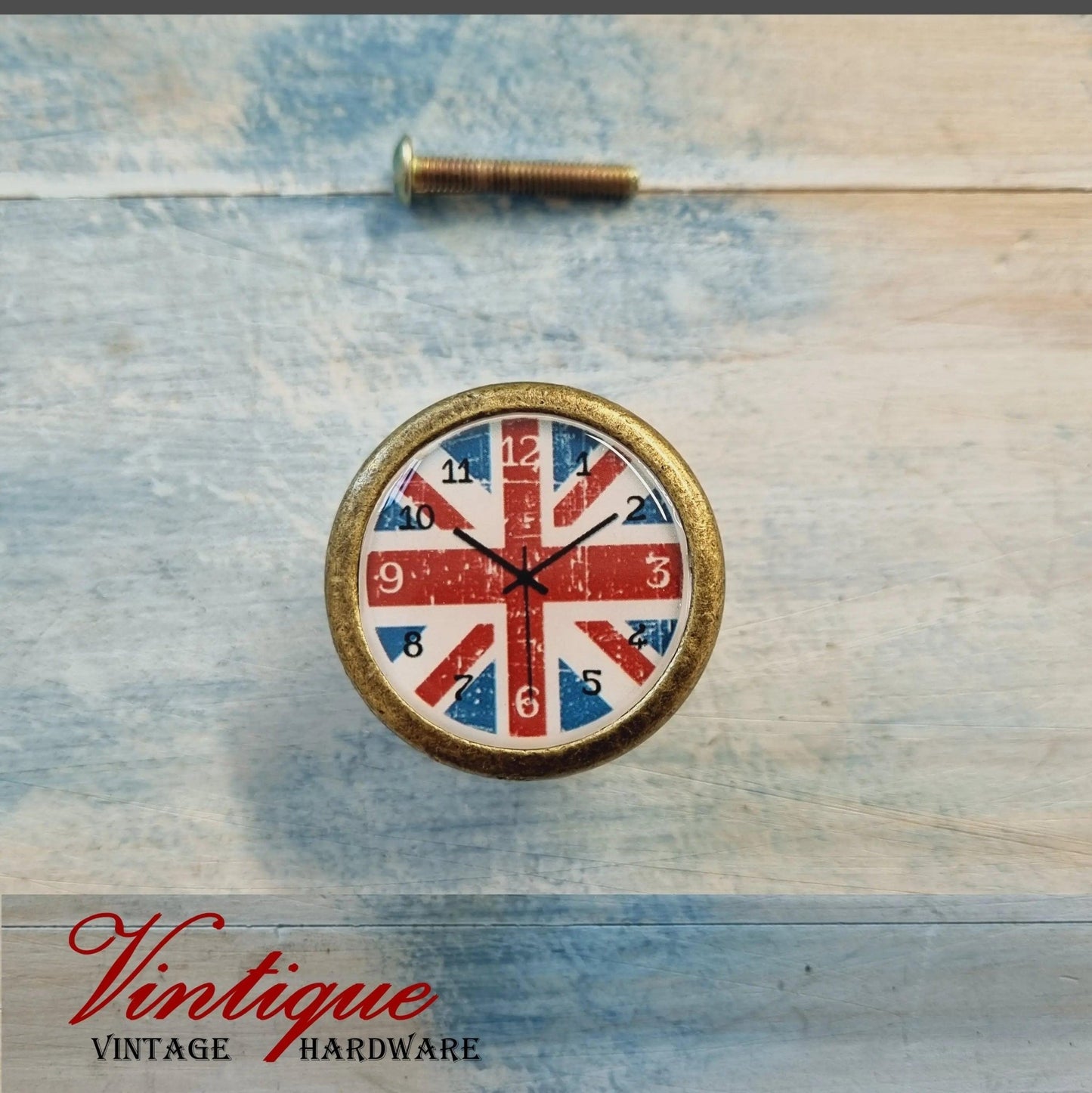 CLEARENCE PRICE-Vintage Union Jack Clock Furniture Glass/Alloy Knob 35mm-Vintique Concepts